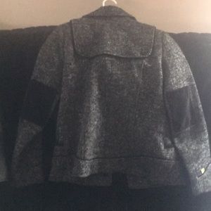 Black moto jacket. Gray/black tweed/wool jacket